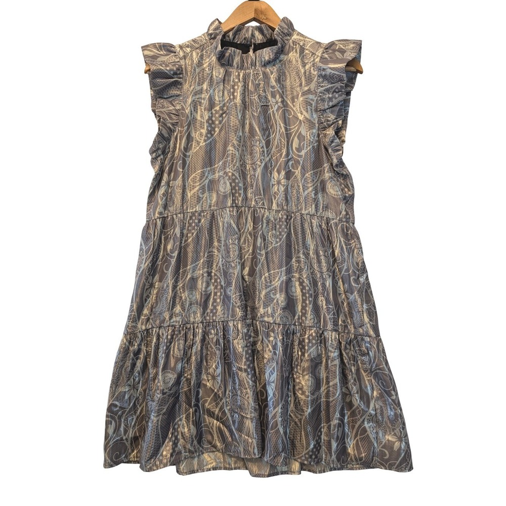 Marie Oliver Metallic Paisley Tiered Ruffle Mock Neck Mini Dress Silver Blue XS